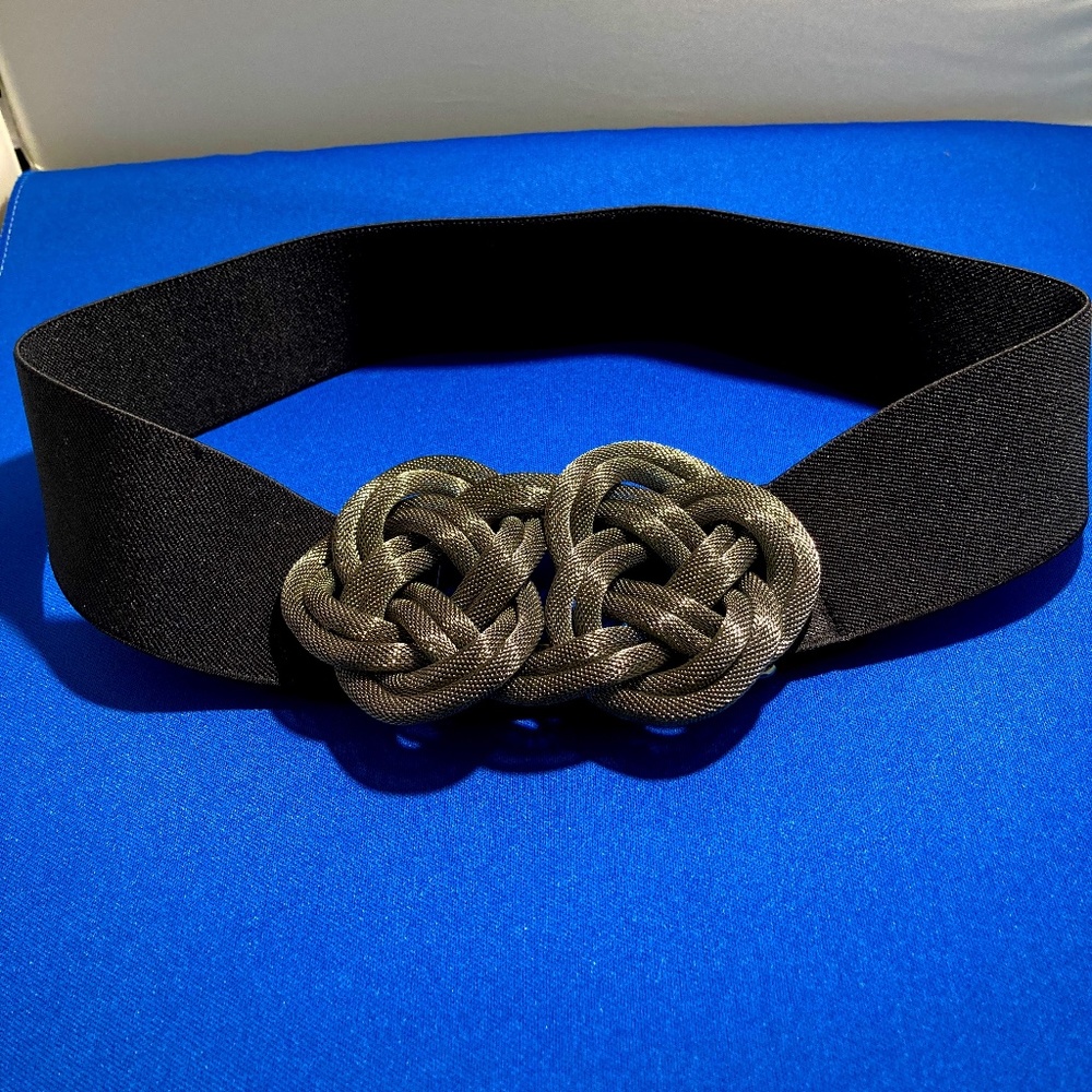 BCBGMAXAZRIA Black Stretch Elastic Belt Woman’s S/M Metal Steel Gray Mesh Buckle